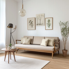 a Scandinavian-style sofa. the color of the sofa is beige and brown combination. size width 220 cm depth 90 cm height 85 cm.