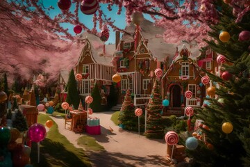 A fantastical world full of candies, complete with lollipop trees and gingerbread houses.