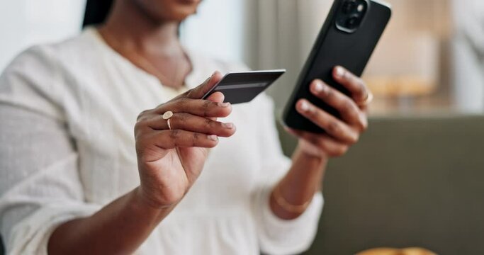 Woman, credit card and hands with phone for ecommerce payment, online shopping and fintech at home. Closeup, mobile banking and finance for sales, password and code for wealth to upgrade subscription