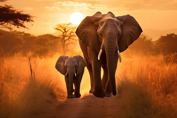 Mother and baby elephants walking together through the savana at sunset