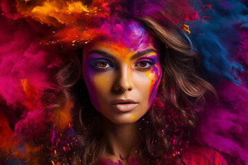 Enchanting Beauty Amidst a Burst of Colorful Gulal, 
a stunning caucasian female model on mesmerizing display of colourful powder thrown in surrounding
