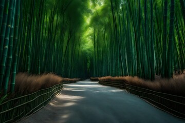 Fototapeta premium A peaceful bamboo grove including meandering stone walkways.