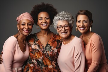 Half-length portrait of four cheerful senior diverse multiethnic women. Female friends smiling at camera while posing together. Diversity, beauty, friendship concept. Isolated over grey background. - Powered by Adobe