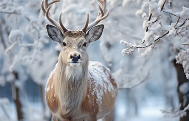 Elegant reindeer against a backdrop of a wintry forest in winter. Concept of holiday greeting cards for Christmas and New Year.