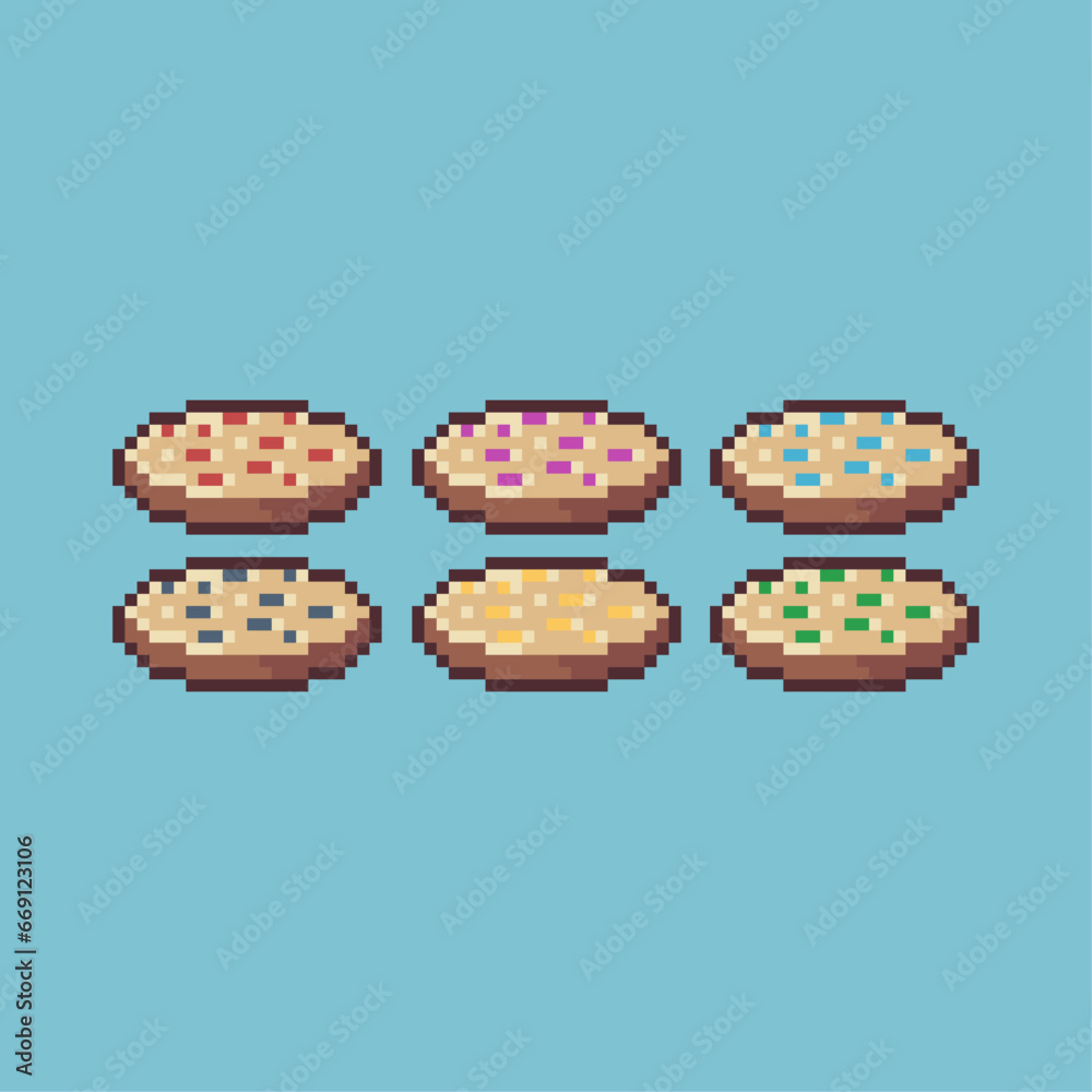Poster pixel art sets of cookies food with variation color item asset. simple bits of cookies pixelated sty