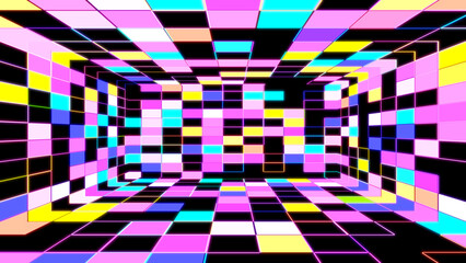 3d rendered colorful pixel grid room.