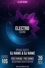 Flyer for electro party. Gramophone record of glowing vibrating wavy lines. Electronic sound. Club and DJ name. Vector illustration.