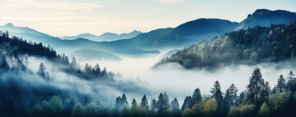Fog conceals details of mountains with trees inviting greater sense of wonder with mystery. Misty shroud wrapped around rugged mountains and forest casting veil of secrecy over landscape. - obrazy, fototapety, plakaty