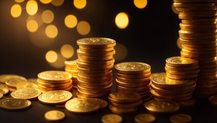 Coins on a black background with bokeh lights. Stack of gold coins on a black background.