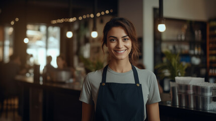 female Small business owner of a cafe at entrance looking at camera