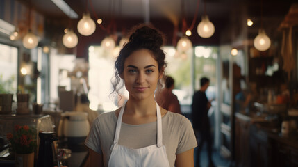 female Small business owner of a cafe at entrance looking at camera