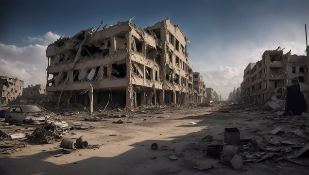 Destroyed city. View of the ruined city after the disaster. The town after the war.