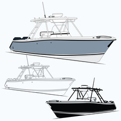 Vector Line Art Illustration of a Fishing Boat and one color