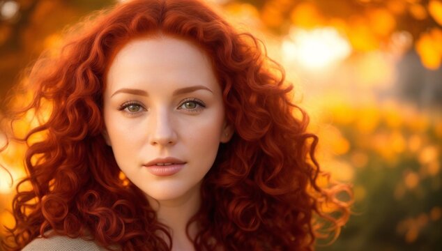 Portrait of young beautiful woman with red curly hair. Young redhair female outdoor during autumn.