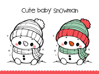 Snowman coloring page for kids. Vector illustration.
