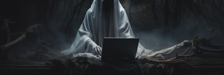 Ghost and a laptop in a dark, eerie room filled with fog generative ai - obrazy, fototapety, plakaty