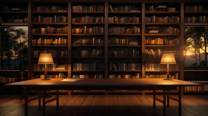 Luxury library interior with bookshelves, coffee table, leather armchairs and vintage bookcase.