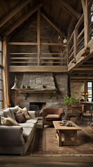 interior of a rustic cabin home at the mountains. AI generated