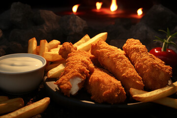 Fried chicken tenders or strips with sauces and fries - obrazy, fototapety, plakaty