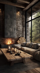 modern rustic interior in the woods with a chimney. AI generated. 
