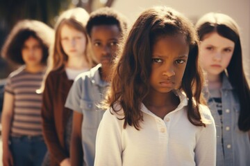 Obraz premium Multiethnic group of schoolchildren looking at camera with an angry and frustrated expression. Kids are upset and intending to stand up for their rights. Diversity and free communication concept.