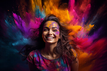 Enchanting Beauty Amidst a Burst of Colorful Gulal, 
a stunning Indian female model on mesmerising display of colourful powder thrown in surrounding