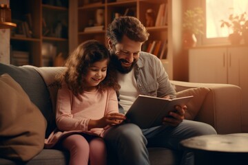 parent child boding time: happy father and daughter sitting on a couch and watching or reading something on a tablet together, warm cozy atmosphere indoors - obrazy, fototapety, plakaty