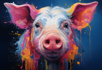 Illustration of an image of a colorful pig, in the style of ink splattered and dripped.