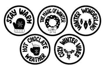 Winter holiday grunge groovy stamps with scratches. Hand drawn black slogans with traditional elements in round shape on white background. Typographic flat isolated stickers - obrazy, fototapety, plakaty