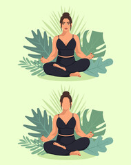 Fototapeta na wymiar Yoga. A girl with facial features and a faceless girl sit in the lotus position.