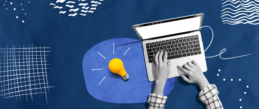 Person using a laptop computer and light bulbs - Collage