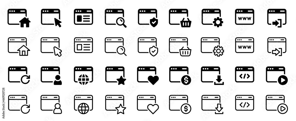 Poster Browser icon set. Website, tab, web page, online, window and interface. Vector symbol element collection.