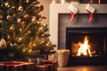 Fototapeta na wymiar Festive living room interior with Christmas tree near fireplace