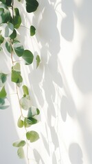 Shadows of eucalyptus leaves, branches over white wall. Summer background, sunlight overlay, empty copy space, vertical
