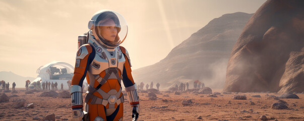 Female Astronaut On Mars Walking Near To Base - obrazy, fototapety, plakaty