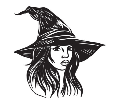 Head of witch in hat Halloween sketch Vector