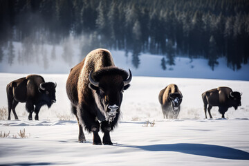American Bison at a National Park.  Generated Image.  A digital rendering of an American bison at a national park in the winter.  