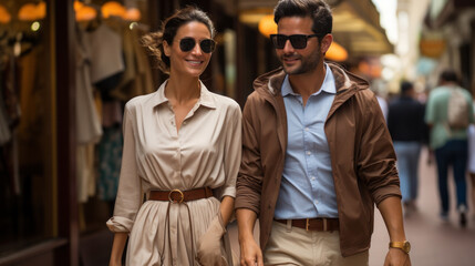 Fototapeta premium Urban modern adult love couple walking romantic talking talking, holding hands on a date. Happy couple having shopping on old european street