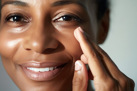Close-up of middle-aged African American woman touching her face to apply moisturizer. Smiling face of adult colored lady with daily cream, facial cosmetics. Skin care. Monochrome background.