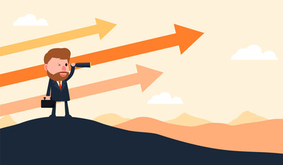 A businessman with binoculars stands on top of a mountain with arrows rising in the background. The concept of looking for ways to grow in the stock market or finding opportunities for success