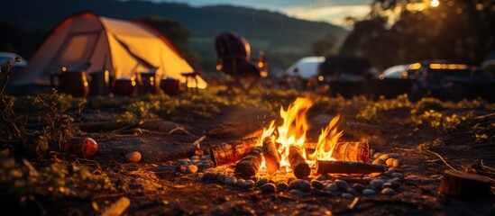 Campfire and teapot are on embers and focused, tent in background