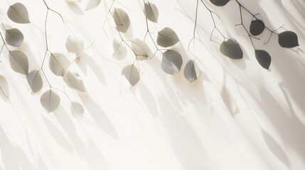 Shadows of eucalyptus leaves, branches over white wall. Summer background, sunlight overlay, empty copy space, horizontal