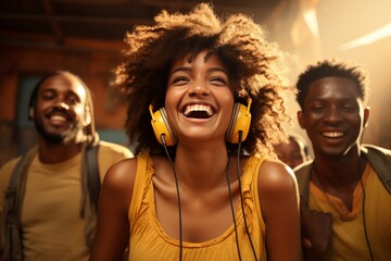 Cheerful African American girl in yellow jacket enjoying favorite playlist in headphones. Happy smiling young woman listening to music or podcast in app, having fun and laughing.