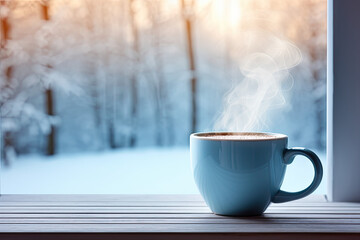 Steaming Hot Coffee / Chocolate sitting on a window sill in the winter - snow in background.  Calming
