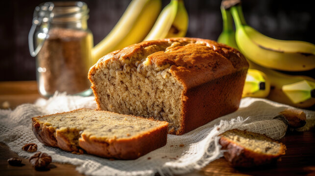 Loaf of baked banana bread with a cut slice