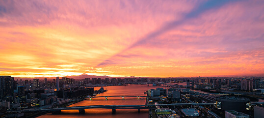 Mount Fuji as seen from Tokyo, Japan with dramatic sunset
