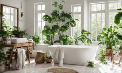 Fototapeta na wymiar bright bathroom and green plants in various styles for refreshment Decorate the interior of a luxurious bathroom in a deep forest style.