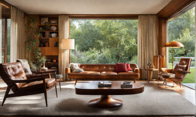 interior living room modern contemporary midcentury style, built-in wooden cabinets with interior props, sofa set, carpet