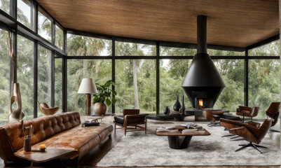 interior living room modern contemporary midcentury style, built-in wooden cabinets with interior props, sofa set, carpet