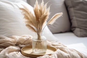 Dry pampas grass flowers in a glass vase on a tablet on a coffee table next to a bed, beige colored...